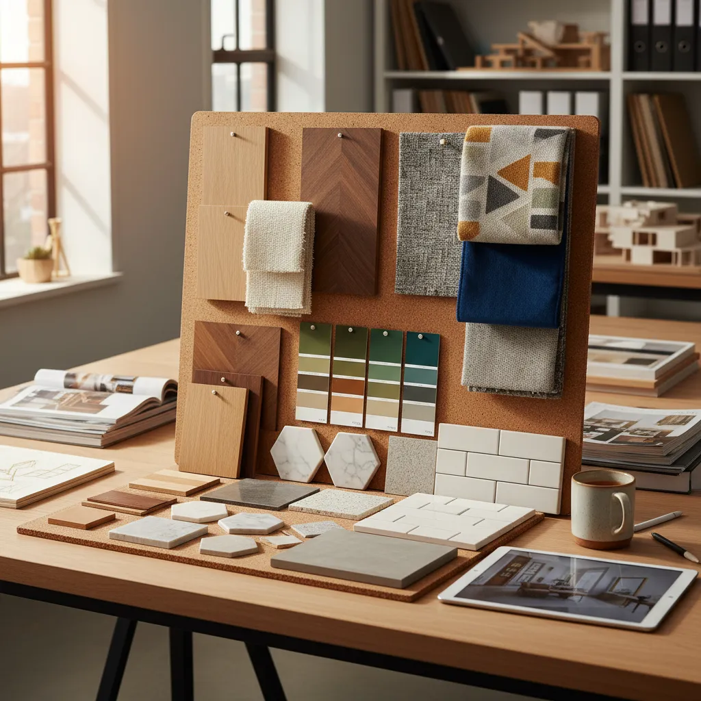 Interior design mood board with wood samples fabric swatches paint cards tiles and digital tablet