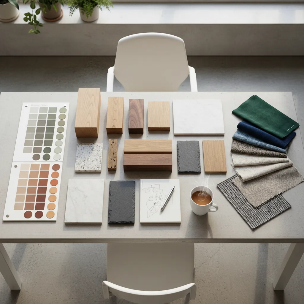 Interior design material samples including wood blocks stone tiles fabric swatches color palettes and sketch
