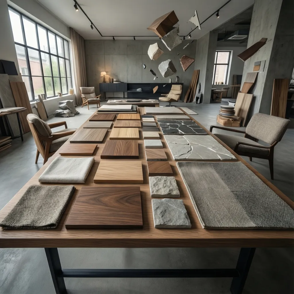 Selección de materiales para diseño interior con muestras de madera y piedra