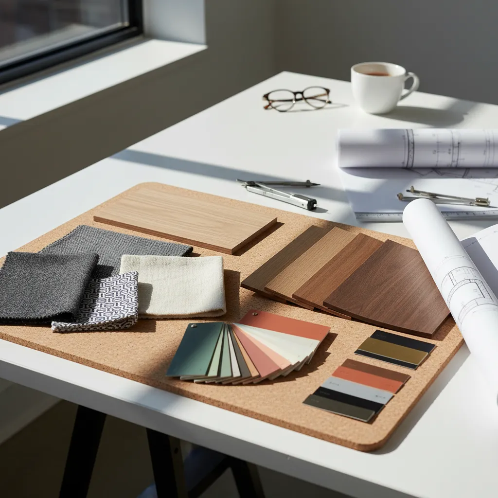 Interior design material samples including wood tiles fabric swatches color palettes and paper floor plans