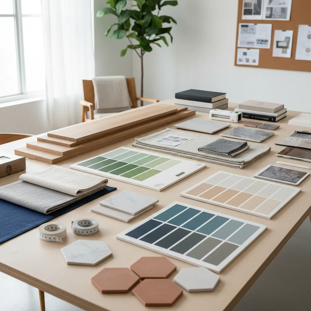 Selection of interior design materials including color palettes wood boards fabric samples and stone tiles