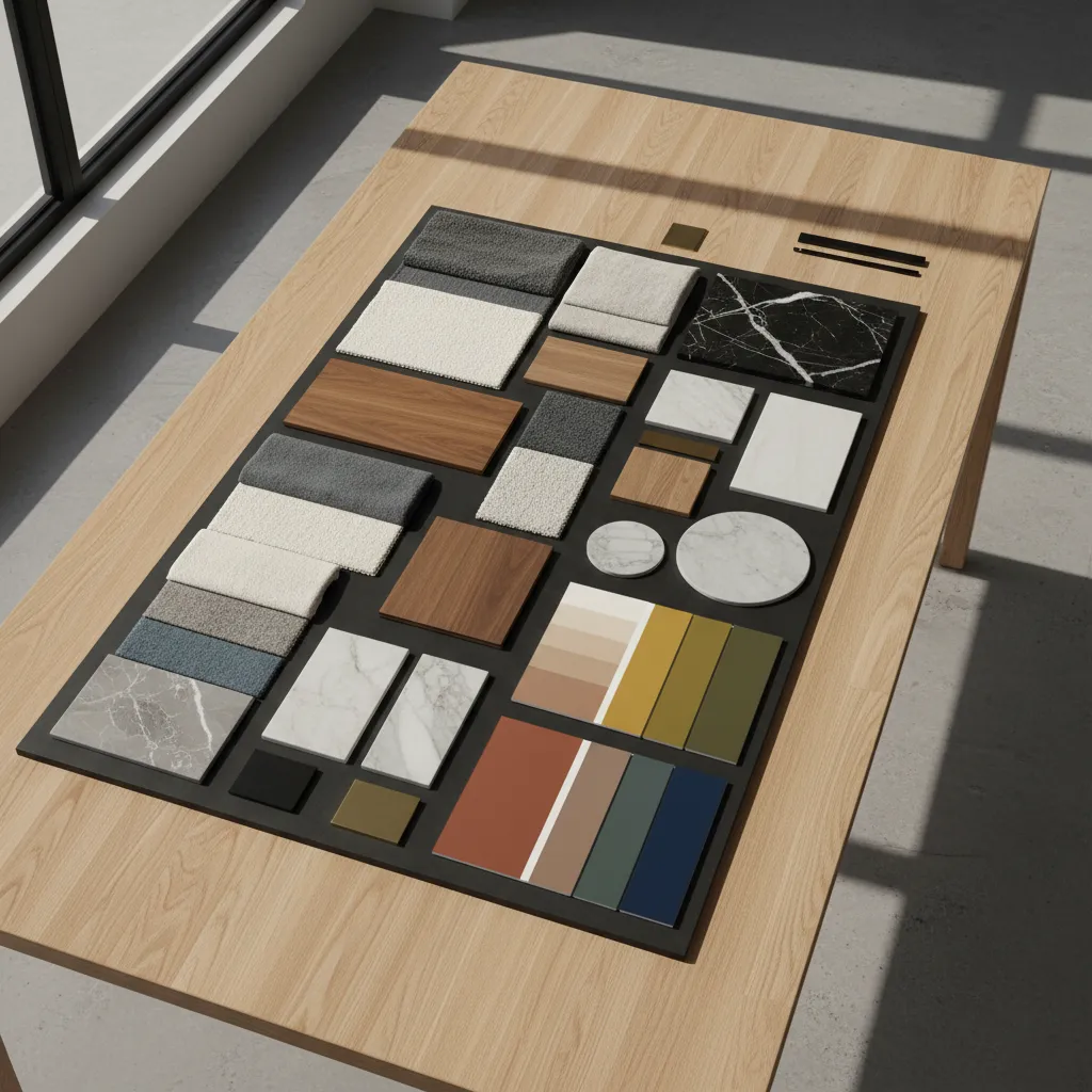 Mesa con muestras de materiales, telas y paletas de colores para interiorismo