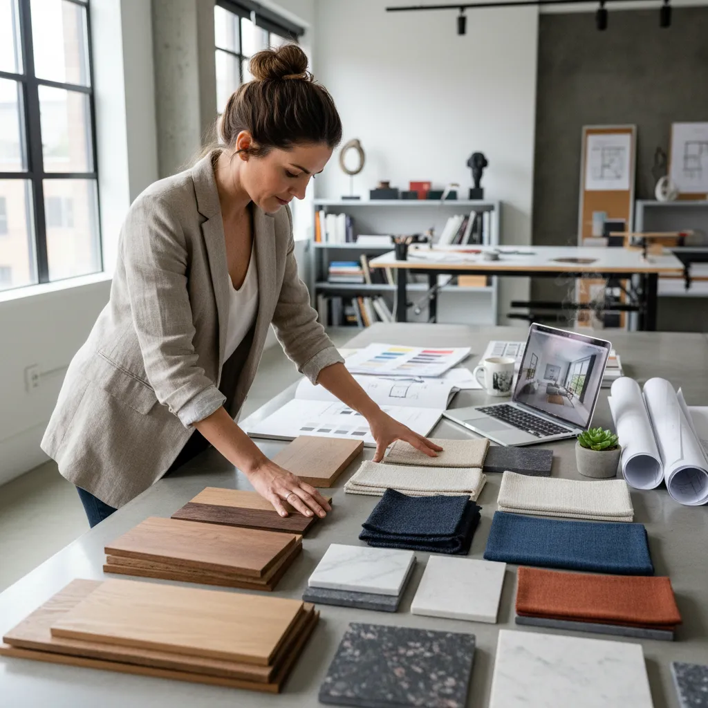 Female interior designer selecting wood and fabric material samples at a large desk with laptop