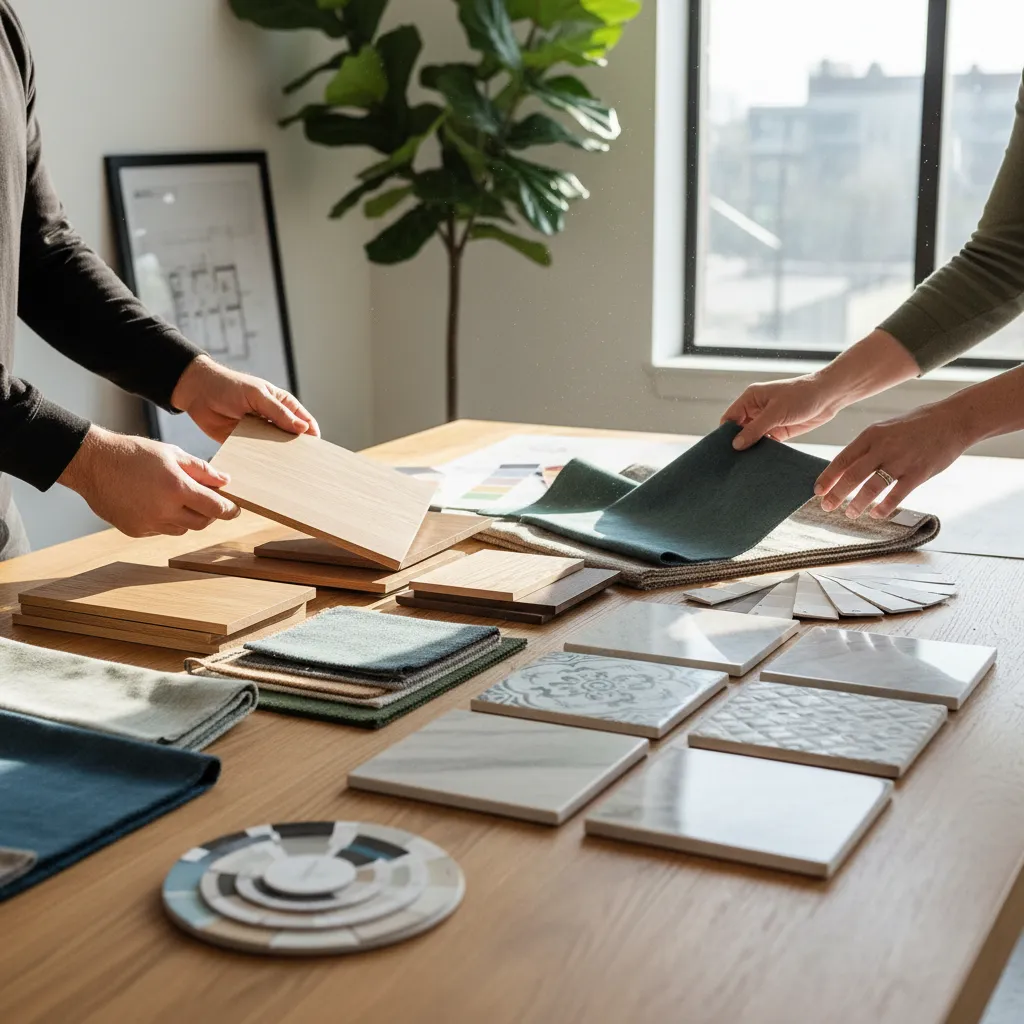 mesa con muestras de materiales para diseño de interiores