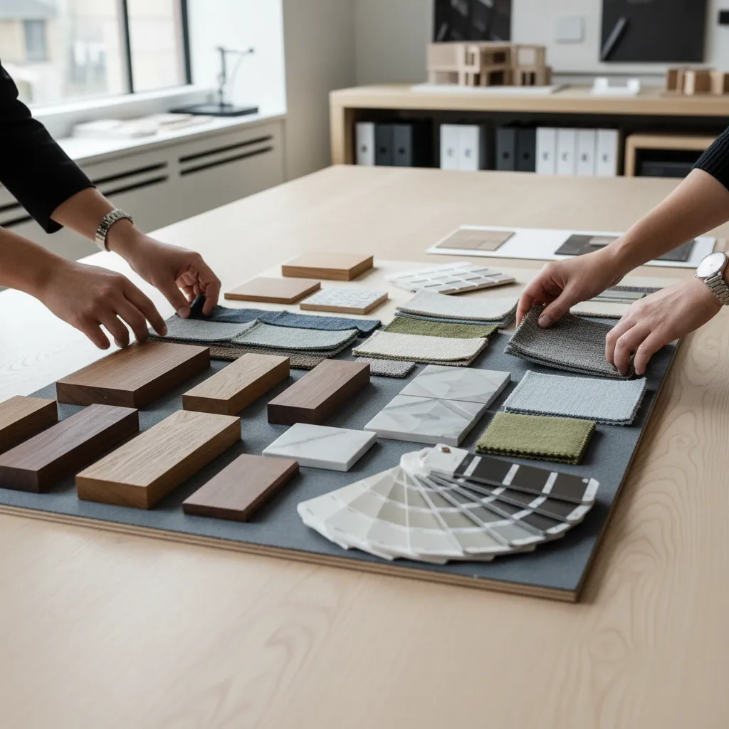Hands picking material samples including wood fabric and stone tiles for a room layout design