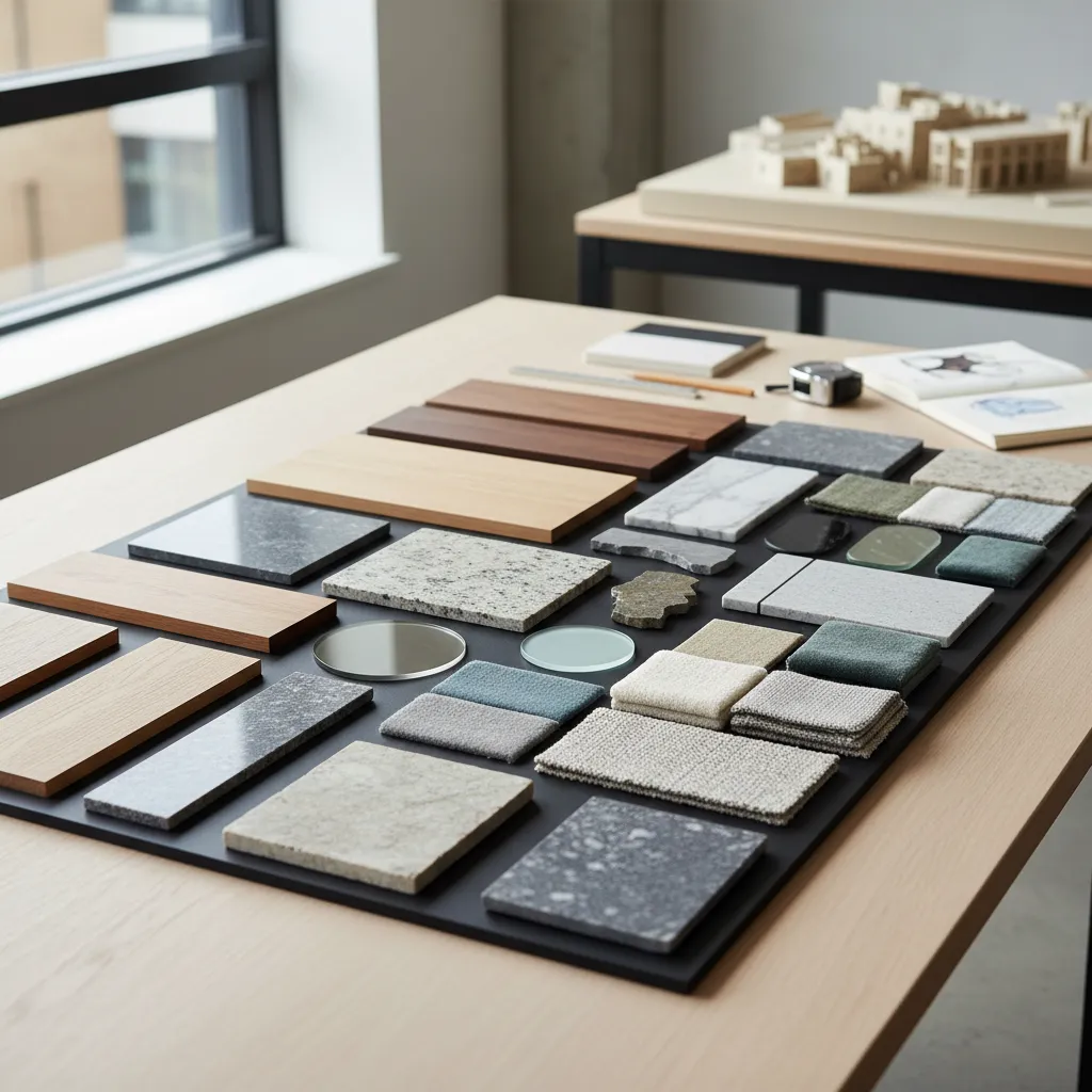 muestras de materiales para diseño interior como madera piedra y textiles