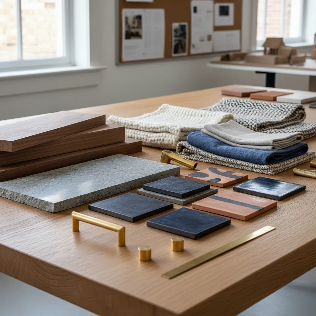 Selección de materiales para interiorismo con madera tela piedra y acabados