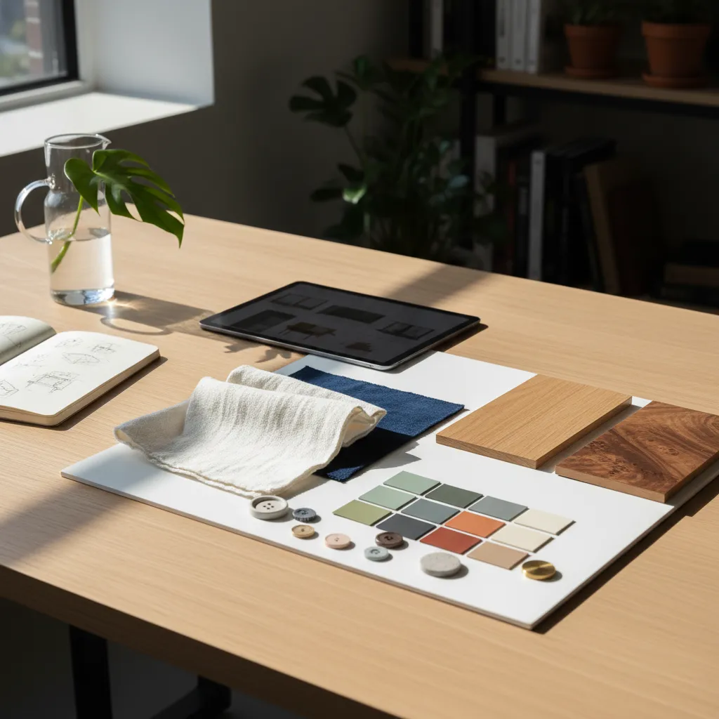 Muestras de materiales y paleta de colores para un proyecto de interiorismo