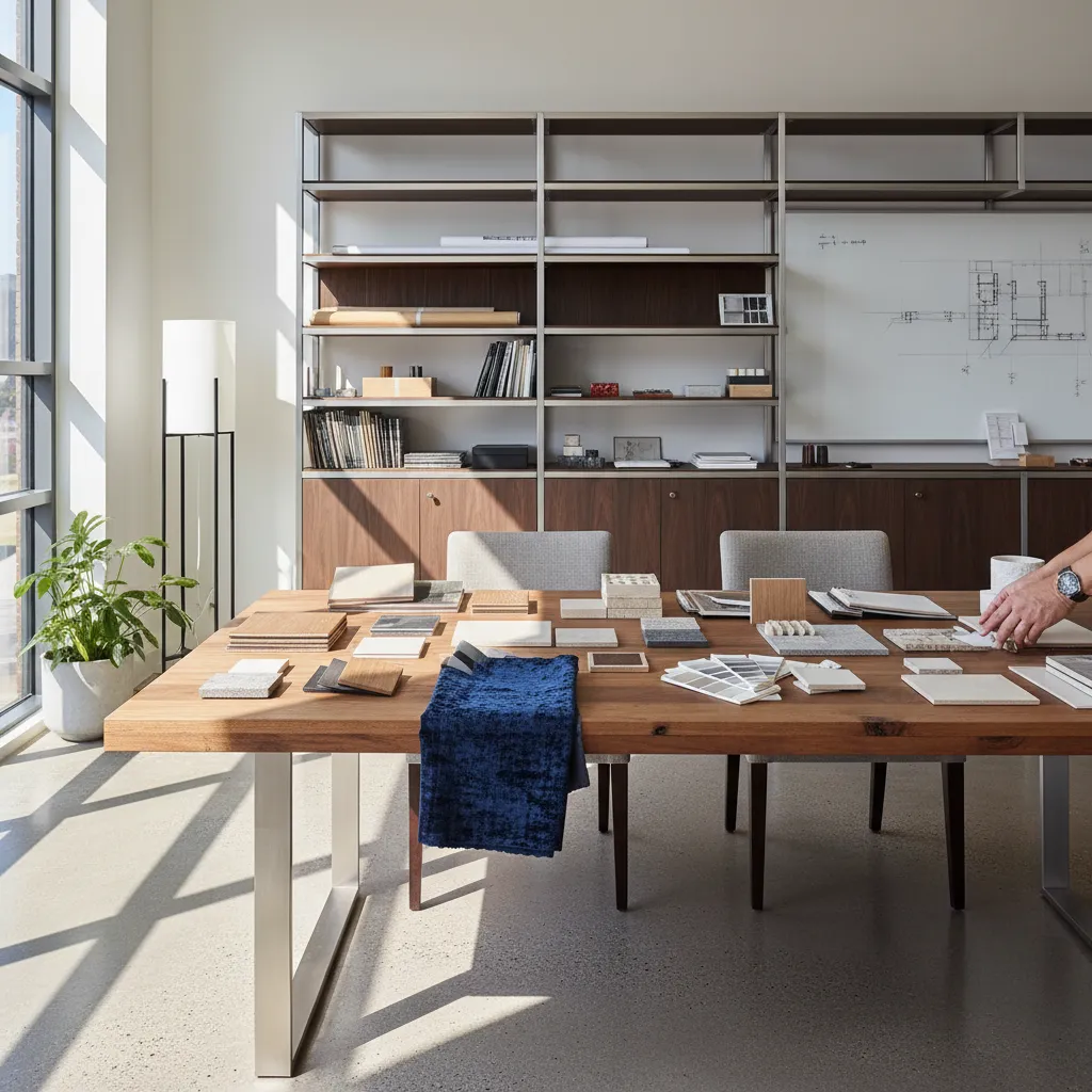 Mesa con muestras de materiales de interiorismo