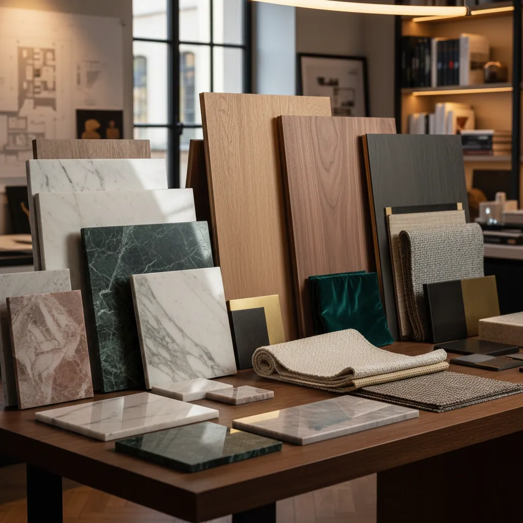Selección de materiales de interiorismo sobre mesa de diseño