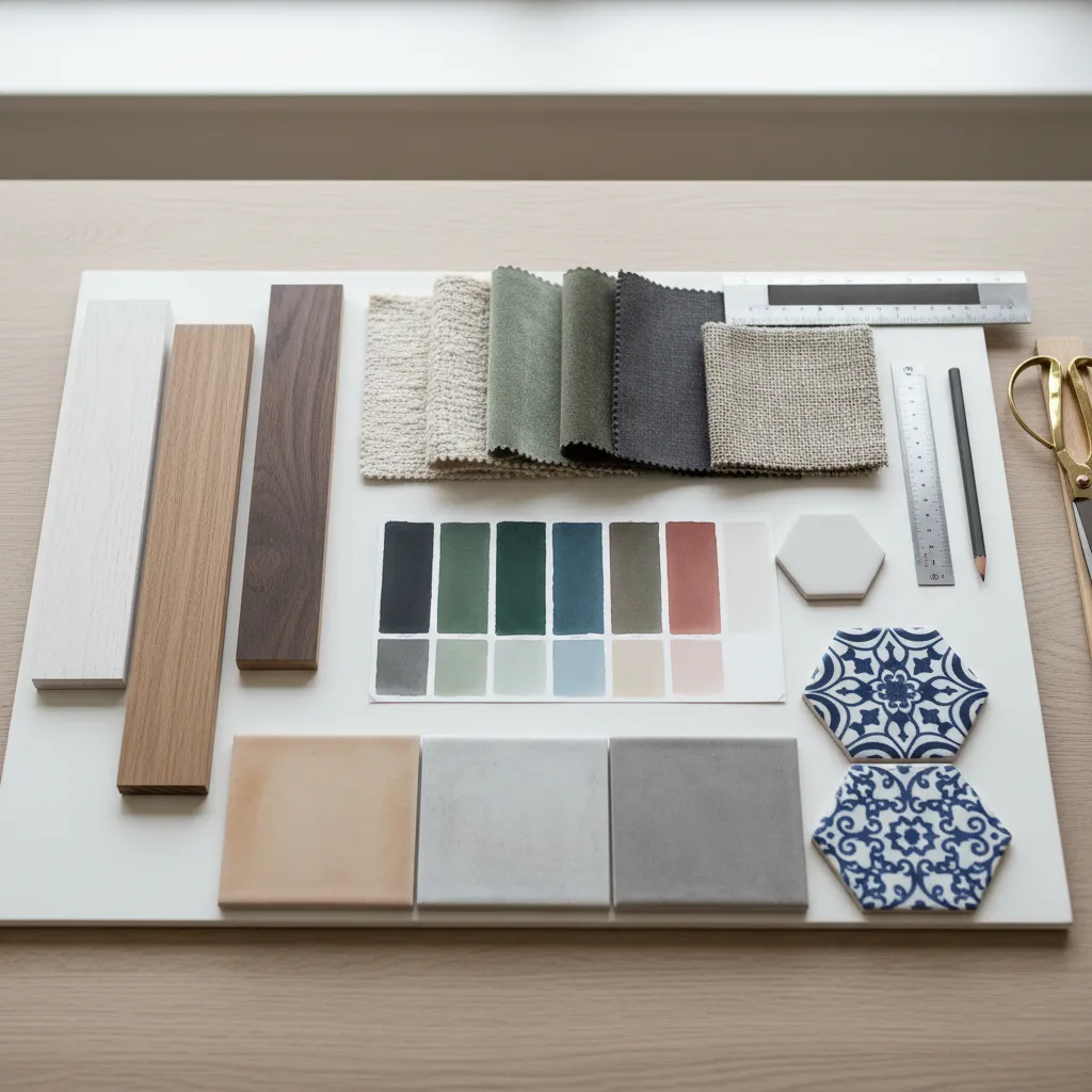 Muestras de materiales y colores para un proyecto de interiorismo