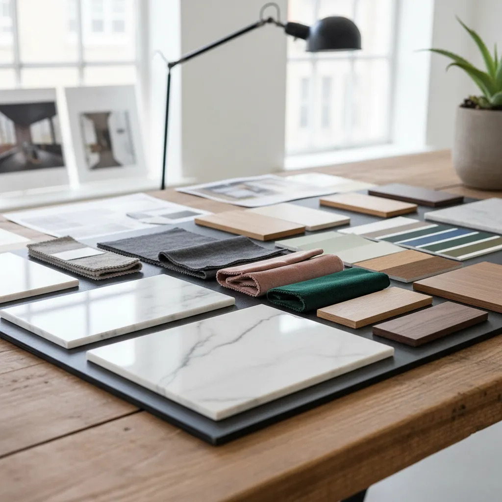 Mesa con muestras de materiales utilizados en un proyecto de diseño interior