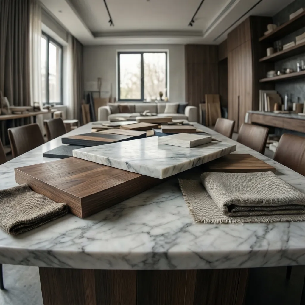 Marble table with wood blocks stone slabs and fabric swatches in a modern living room