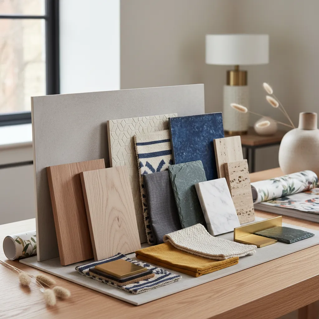 Selección de materiales de interiorismo sobre una mesa de trabajo