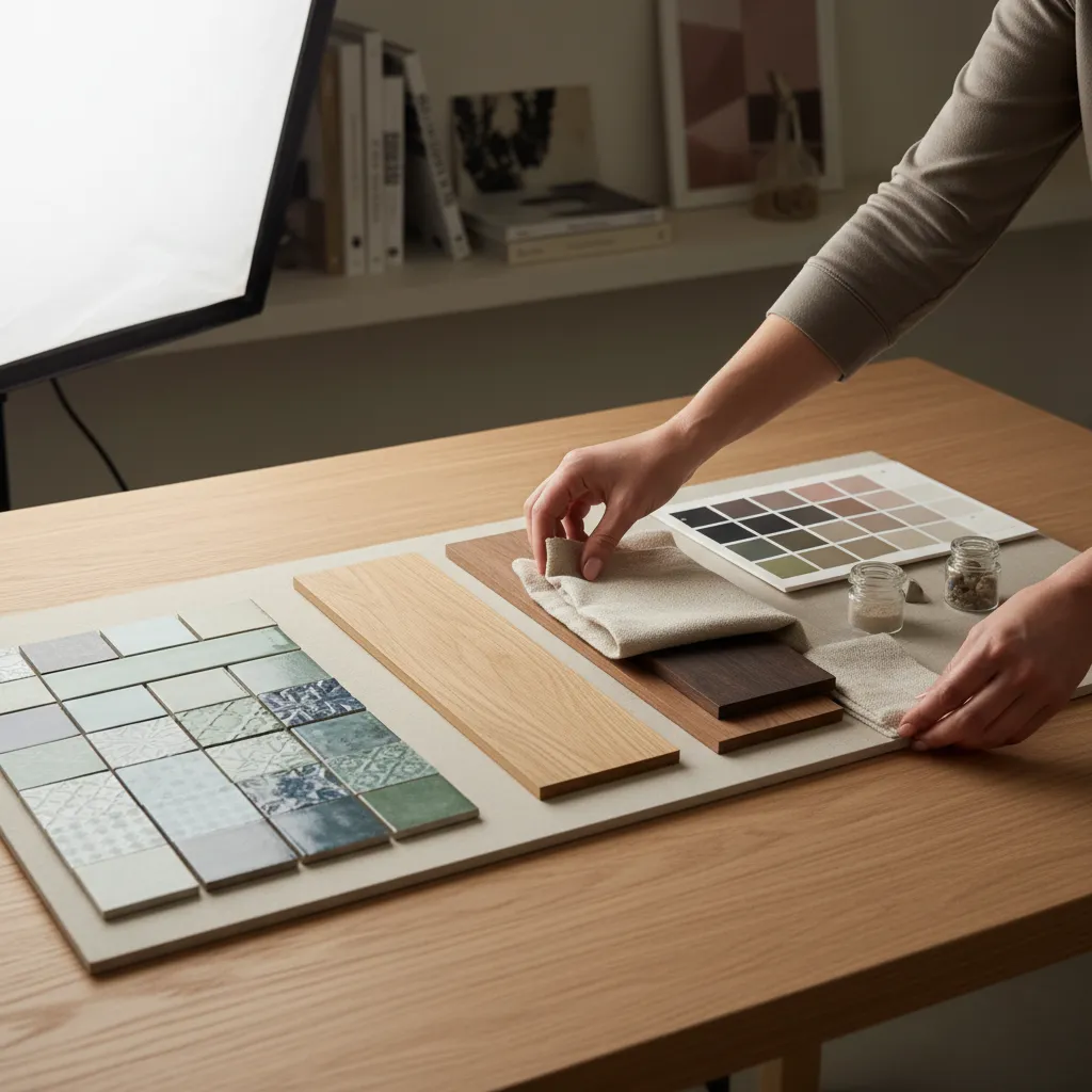 Close up of person choosing fabric and wood samples with tiles for home decoration project