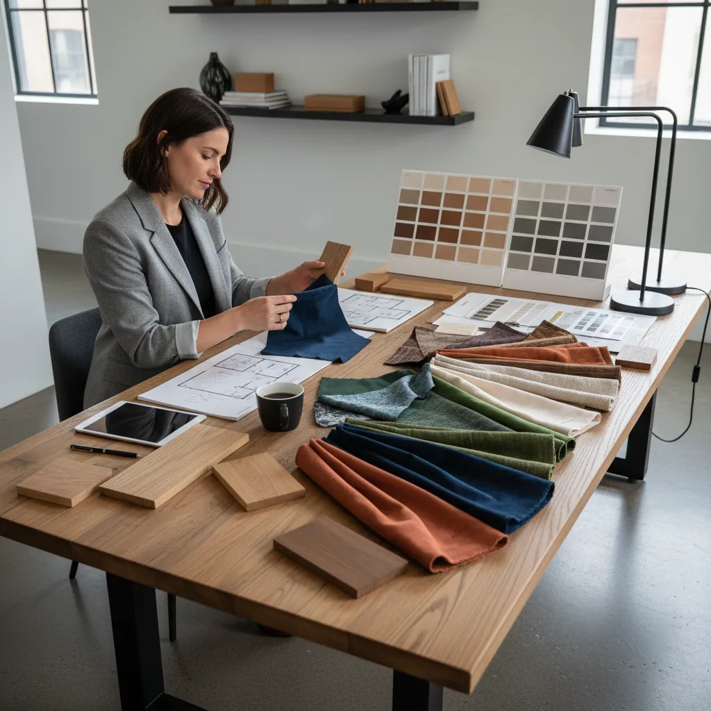 Diseñador seleccionando muestras de madera, telas y colores para un proyecto