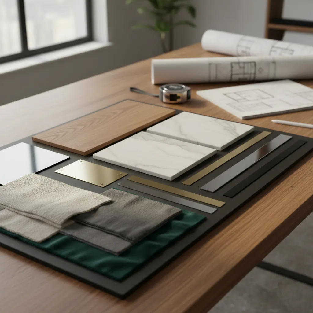 Interior design material board with wood samples marble tiles fabric tape measure and rolled plans