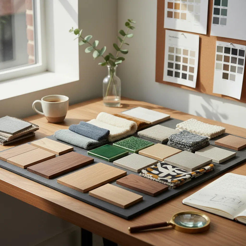 Interior design mood board featuring wood samples fabric swatches green tiles and a magnifying glass