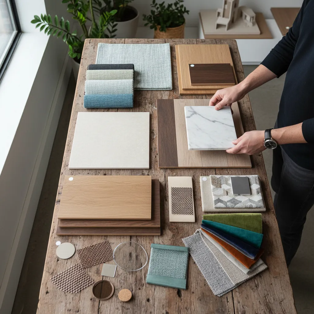 Mesa con muestras de materiales utilizados en diseño interior