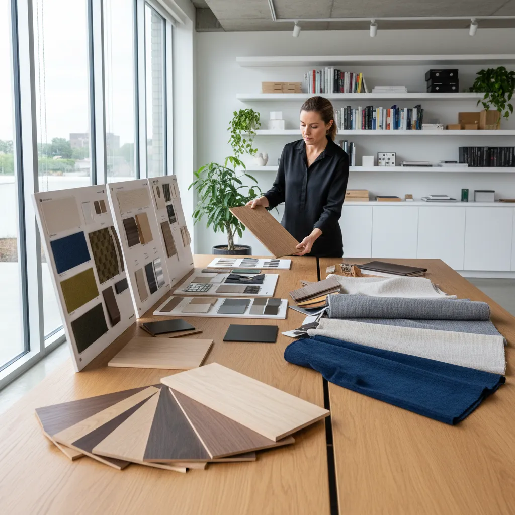Diseñador seleccionando materiales y acabados para una ficha de producto