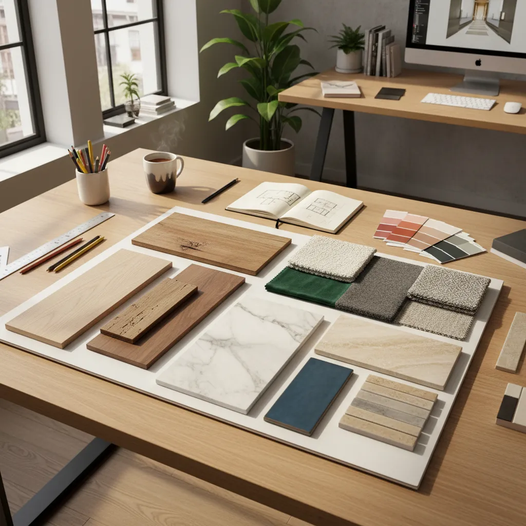 Material samples including wood marble and fabric displayed on wooden desk for interior design project