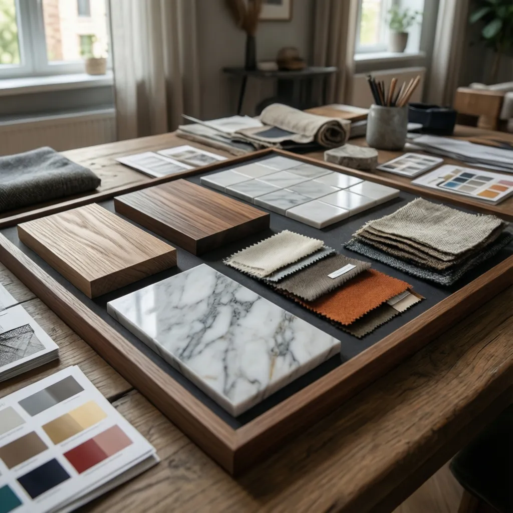 Mesa con muestras de madera, textiles y colores para diseño de interiores