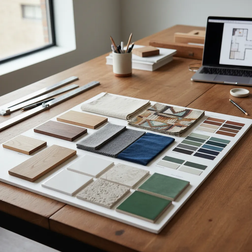 Interior design mood board with wood samples fabric swatches and tiles on wooden office desk