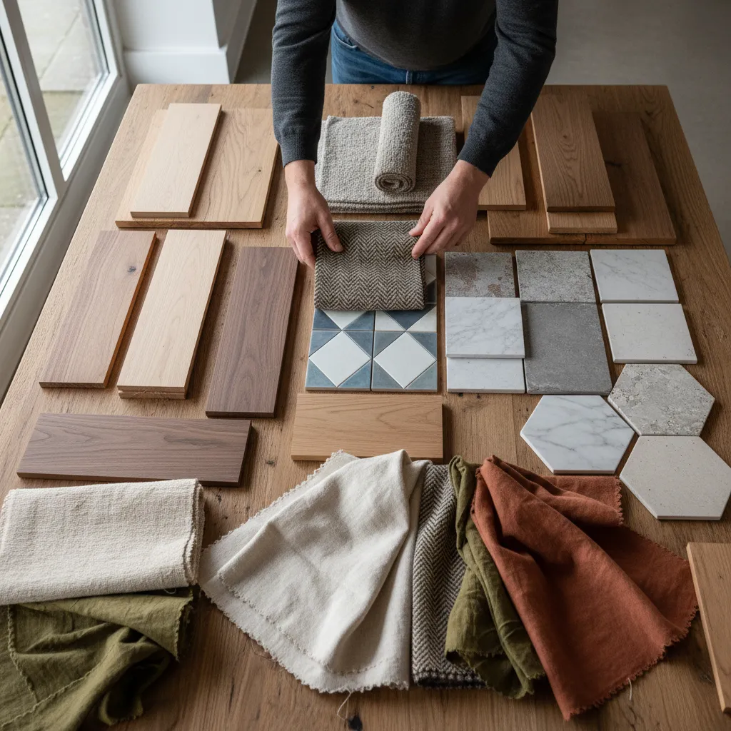 Hands choosing material samples on wooden table with wood planks fabric swatches and stone tiles