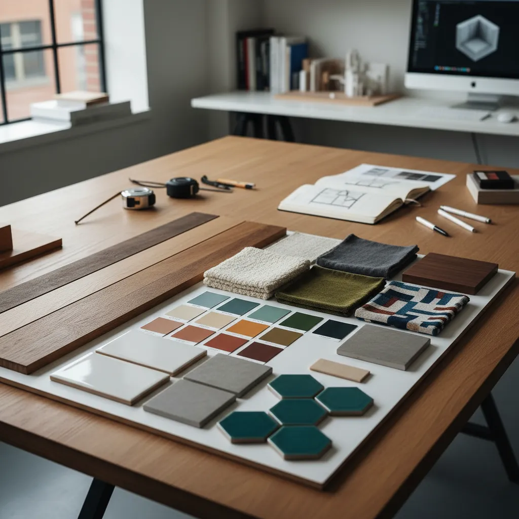 Mesa con muestras de materiales para diseño de interiores