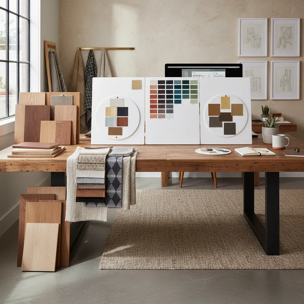 Mesa con muestras de madera telas y colores para diseño interior