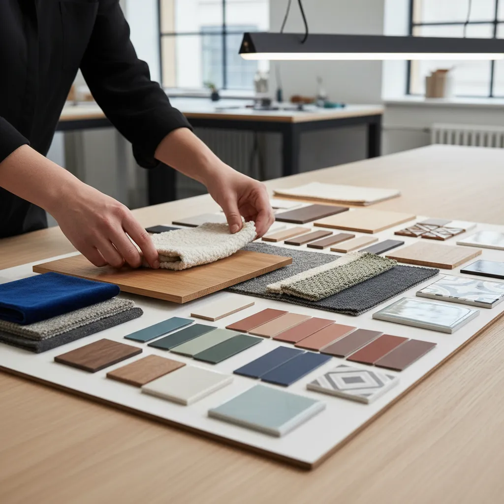 Mesa con muestras de telas, madera y colores para diseño de interiores