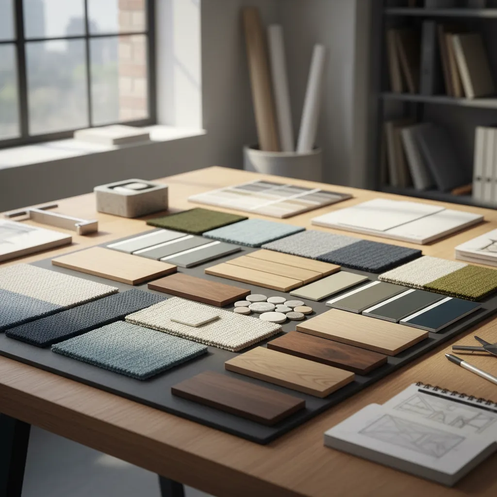 Various interior design material samples like wood and fabric arranged on wooden table with notebook