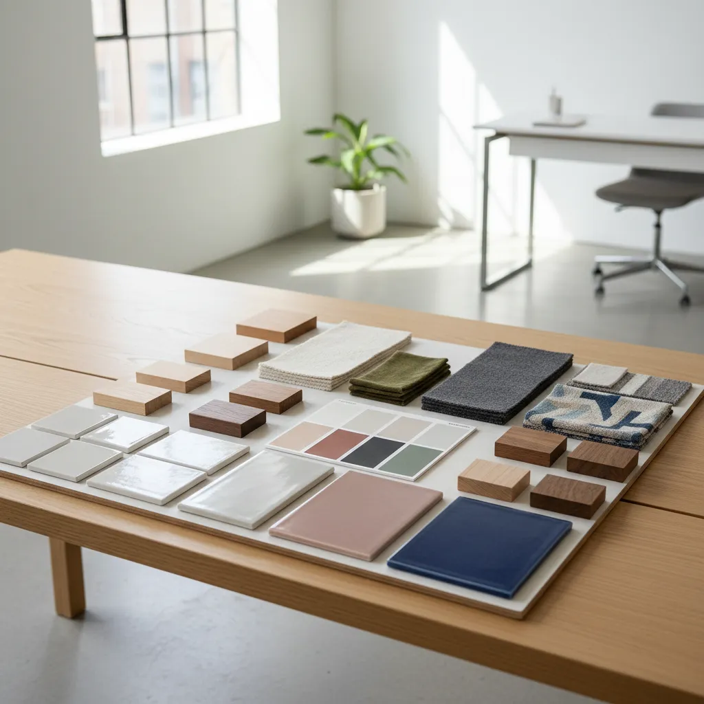 Muestras de materiales para interiorismo como madera telas y cerámica