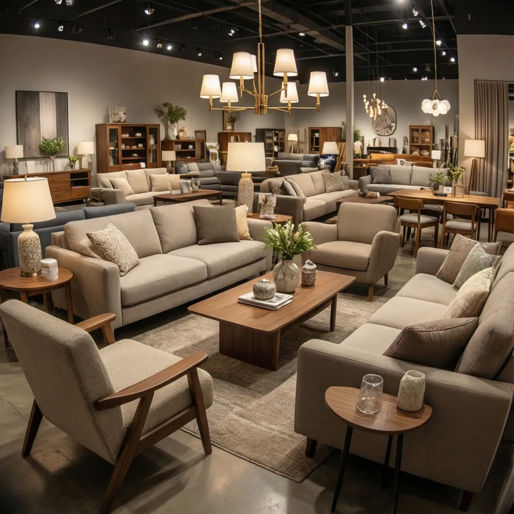 Selección de muebles y objetos decorativos en una tienda de diseño
