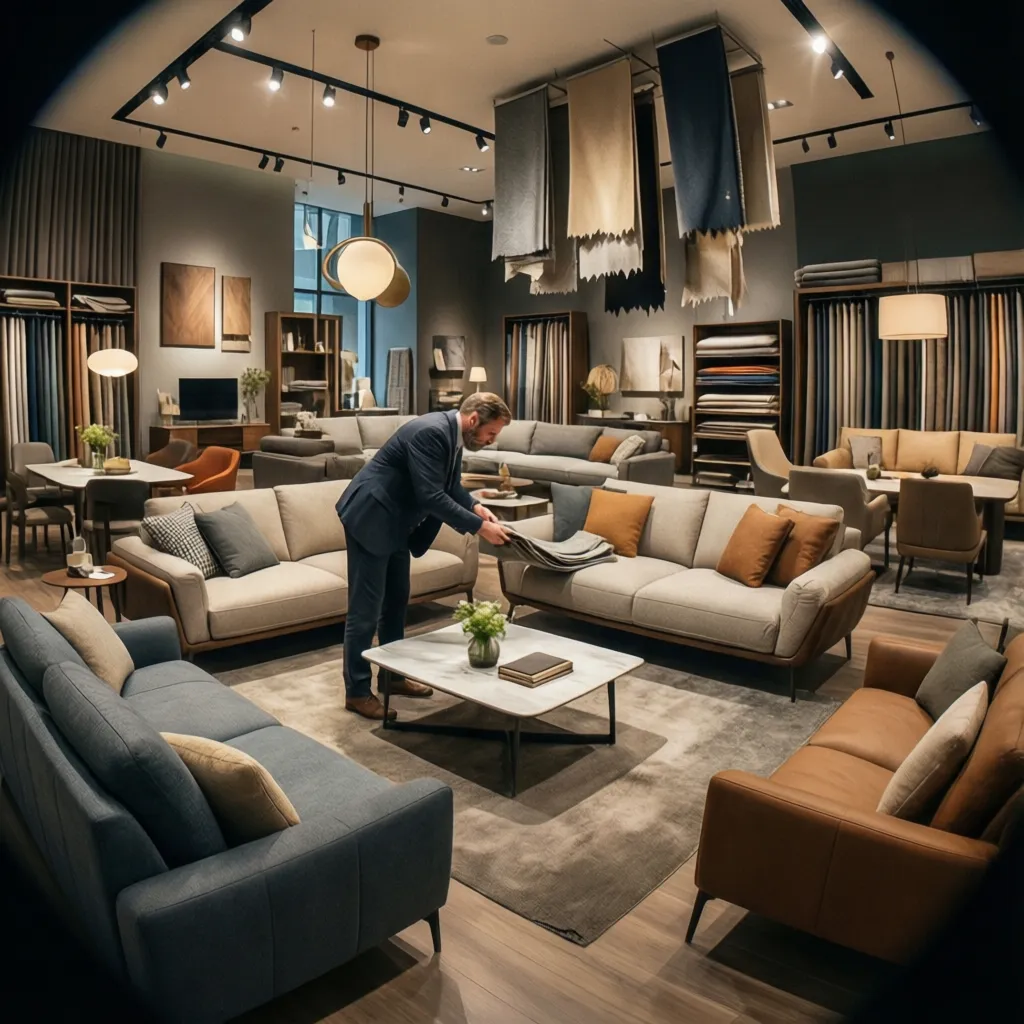 Decorador seleccionando muebles y materiales en un showroom