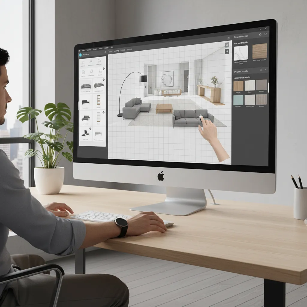 Interfaz de programa de diseño interior con biblioteca de muebles