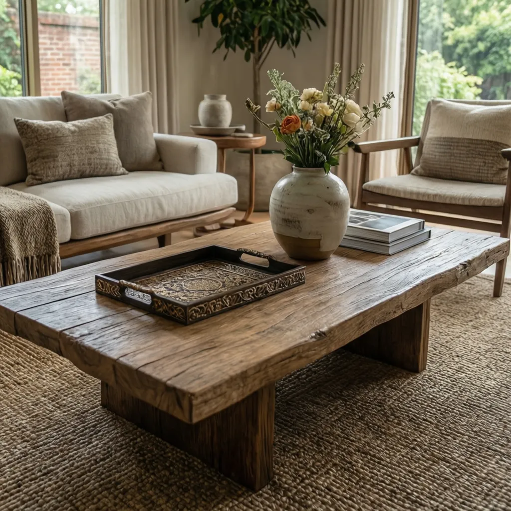 Mesa con selección de objetos decorativos como jarrón, bandeja y libro