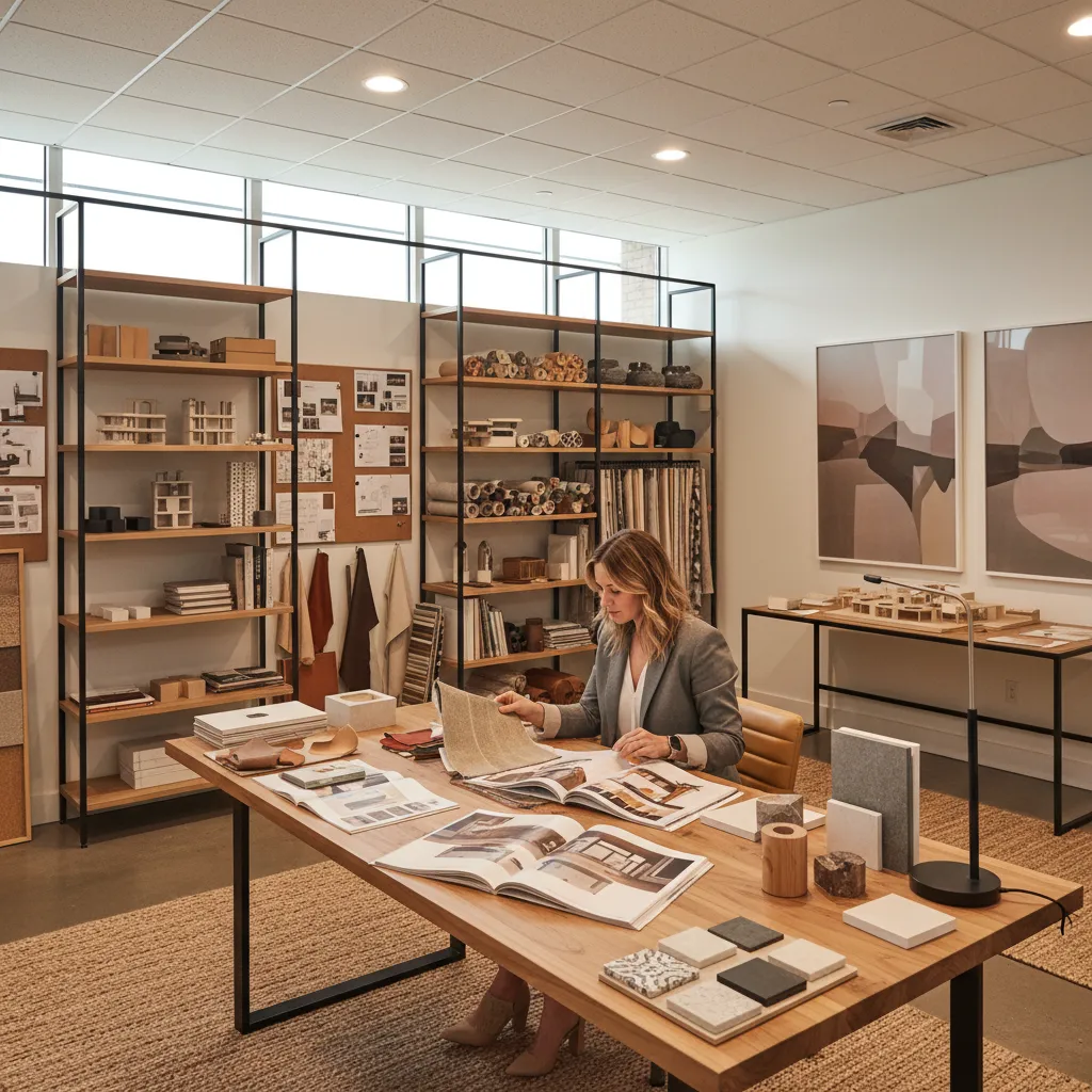 Diseñador revisando catálogos de proveedores de muebles en estudio