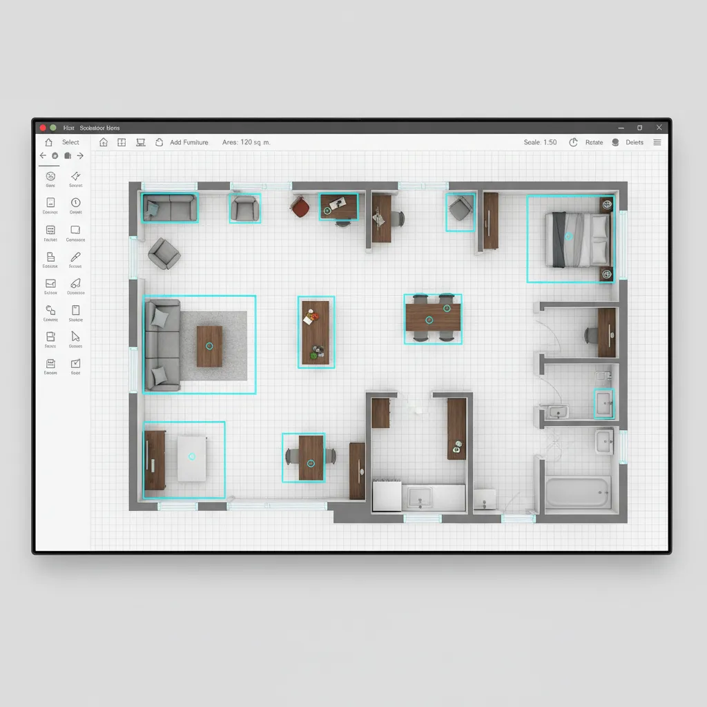 Floor planner interface with all objects selected using select all shortcut