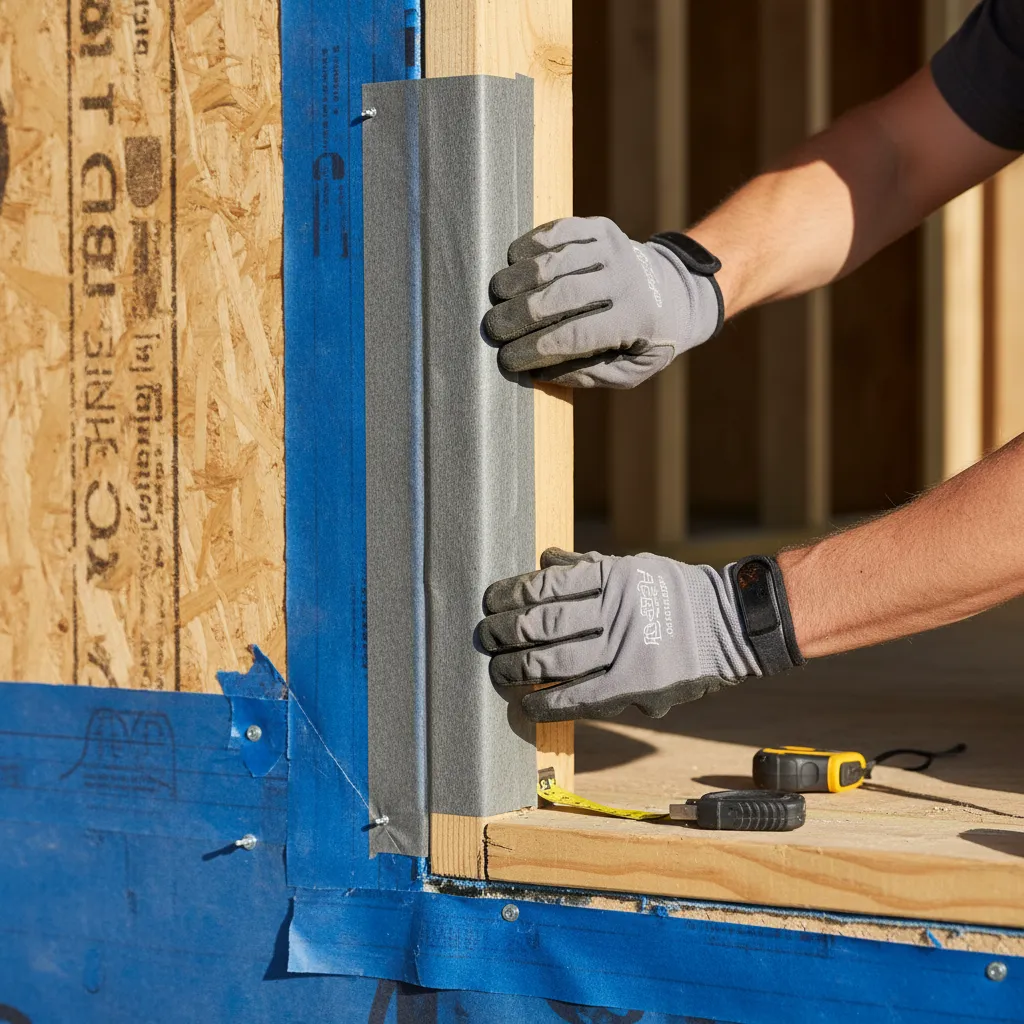 Self adhesive flashing tape applied around exterior door frame