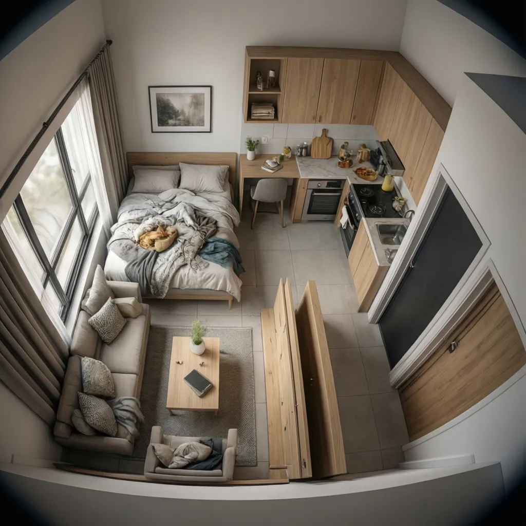 zoned layout of small self contain room showing sleeping and kitchen areas