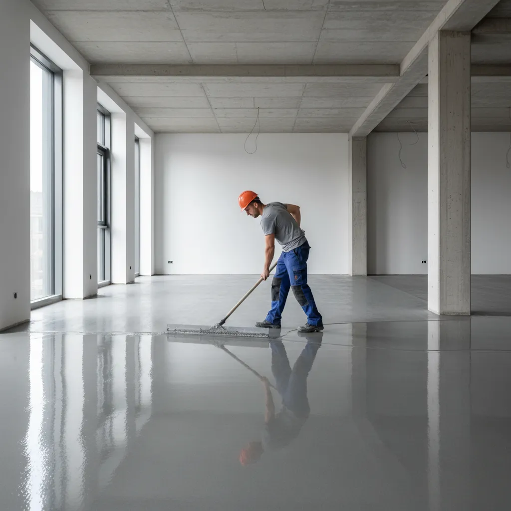 Self leveling compound being spread across concrete floor to create smooth surface