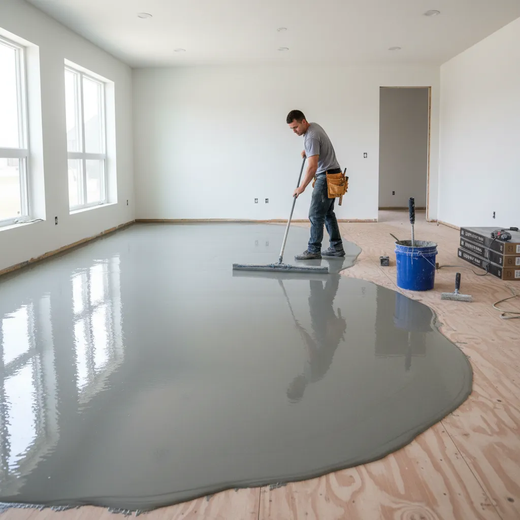 Applying self leveling compound on subfloor before vinyl plank installation