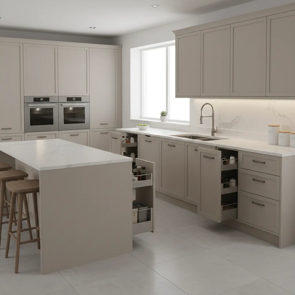 semi custom kitchen cabinets with varied sizes and built in storage features