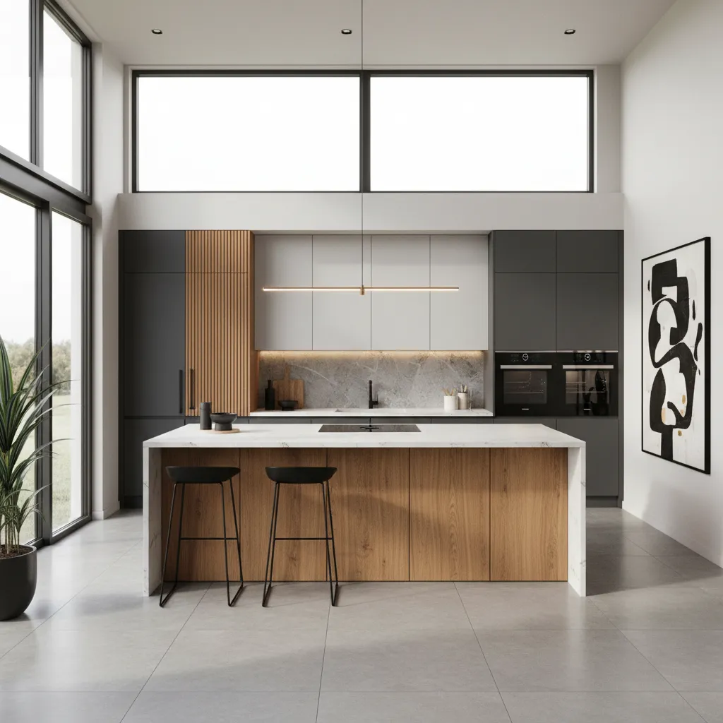 Cocina abierta moderna en una casa pareada