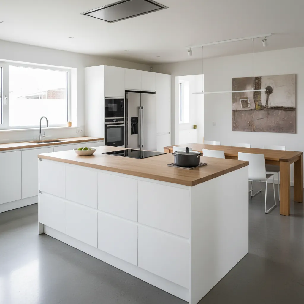 Cocina moderna con isla en una casa pareada