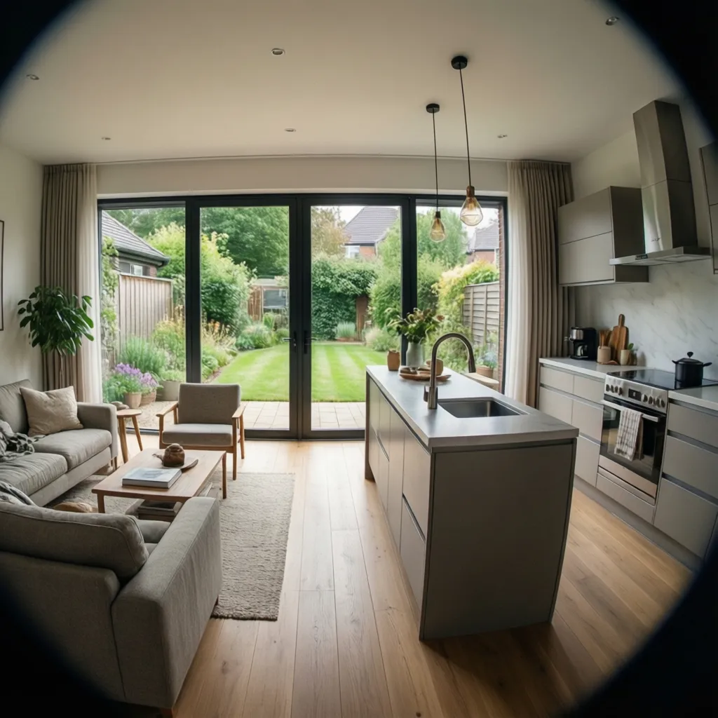 Interior de casa pareada con salón y cocina abiertos
