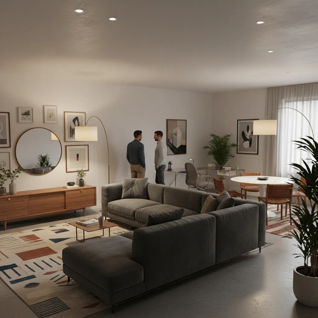 Semi open apartment layout with furniture defining zones between living and dining areas