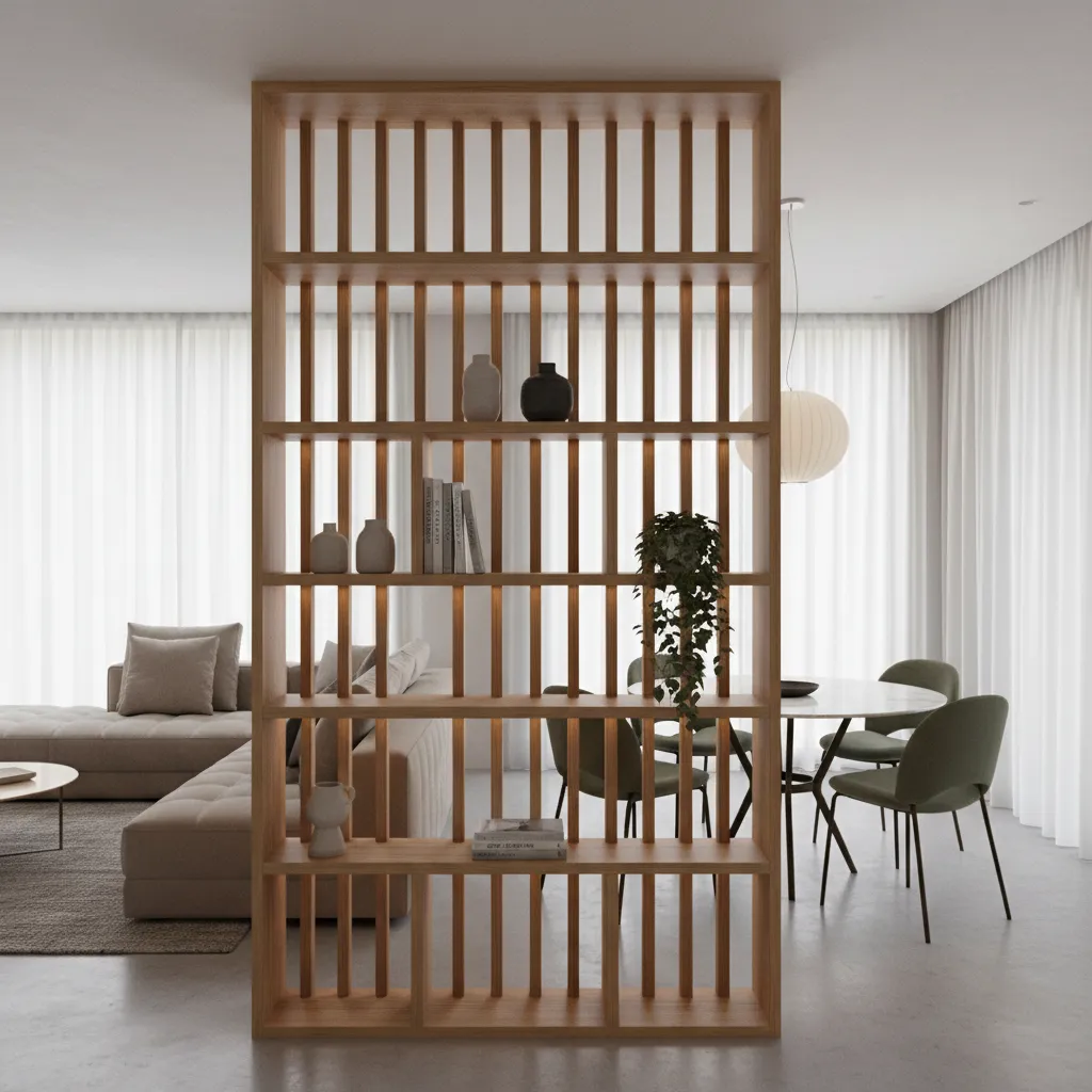 Separador de estantería entre sala y comedor en una casa moderna
