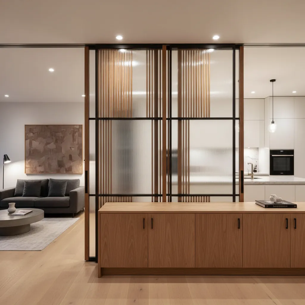 Modern home interior with wooden cabinet and glass doors between living room and white kitchen